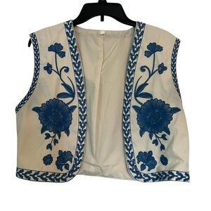 Like Zara Vest  Cream Blue Floral Embroidered Bohemian Western Vest Size M-L